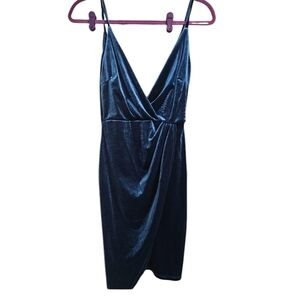 THE VINTAGE SHOP Velvet blue deep v neck wrap front mini dress. Size Small